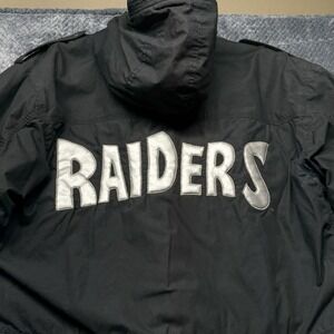 Raiders Mirage NFL First String Black Parka Coat Med VTG Hooded‎ Toggle Zip READ